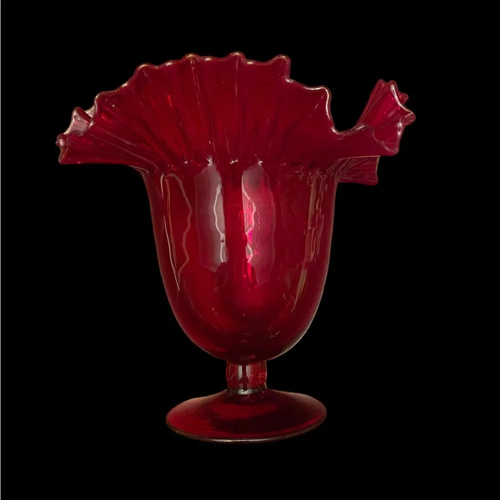 VTG Blenko #388 Ruby Red Art Glass Ruffled Pedestal Vase Mid Century Modern MCM